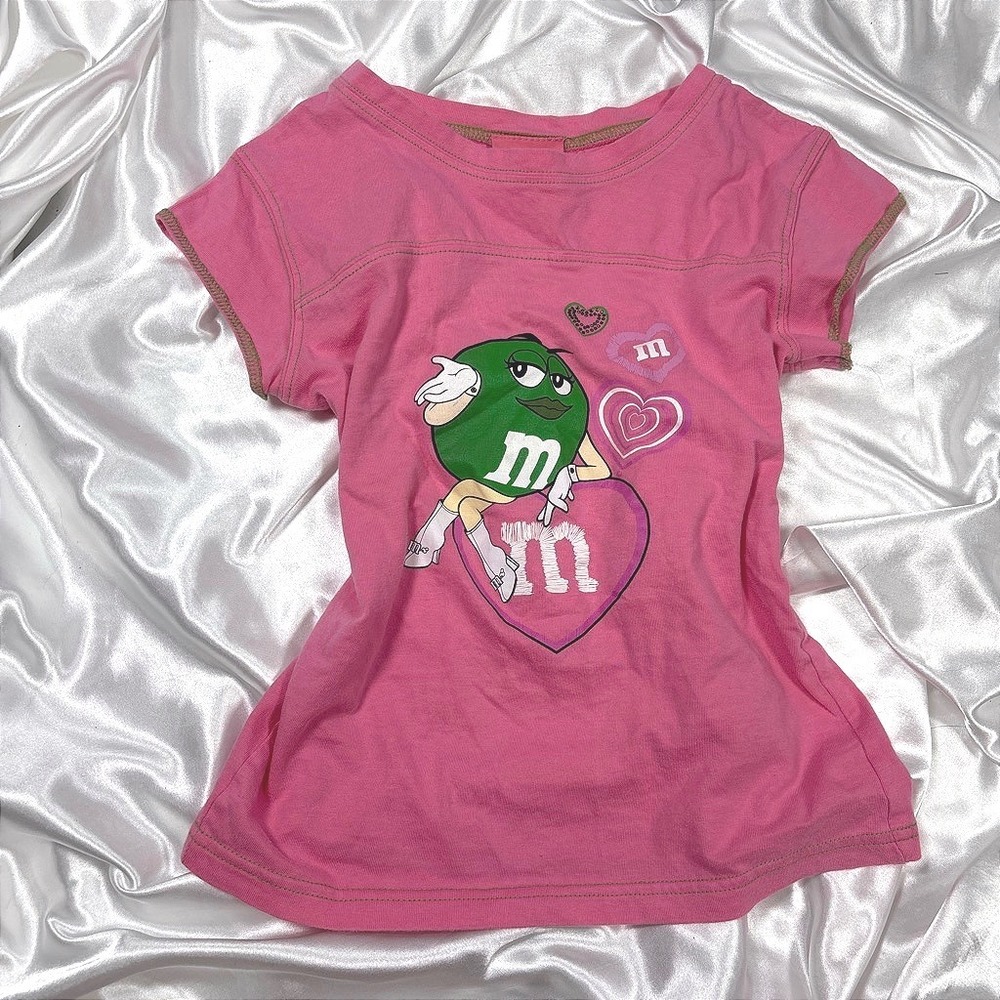 y2k M&M's Graphic Tee Pink Excellent Green M&M Sweet Hearts Glitter Baby Tee